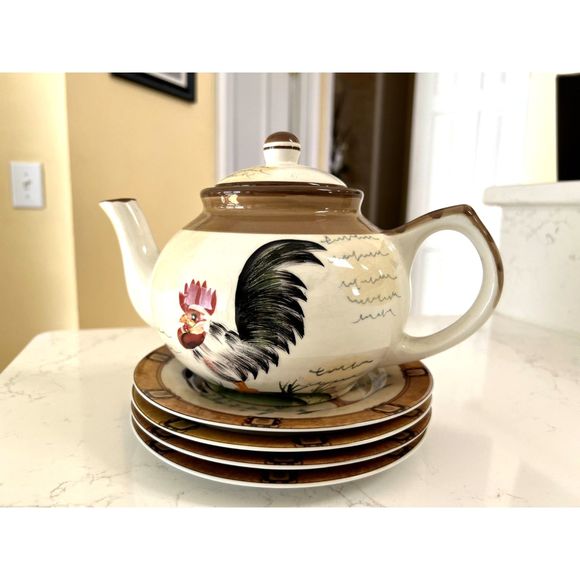 Henriette London Pottery Porcelain Rooster teapot and set of 4 plates - Picture 2 of 15